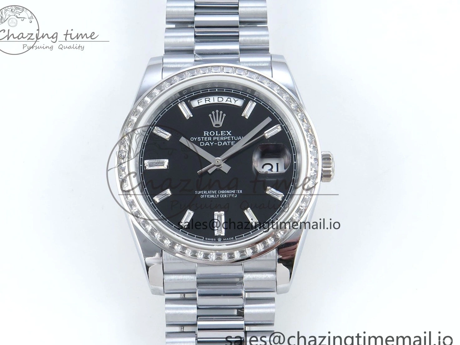 1221 Soft DayDate 40 SS QF 1:1 Best Edition Black Crystal Dial Diamonds Bezel on President Bracelet A2836 V5 (Gain Weight) 477